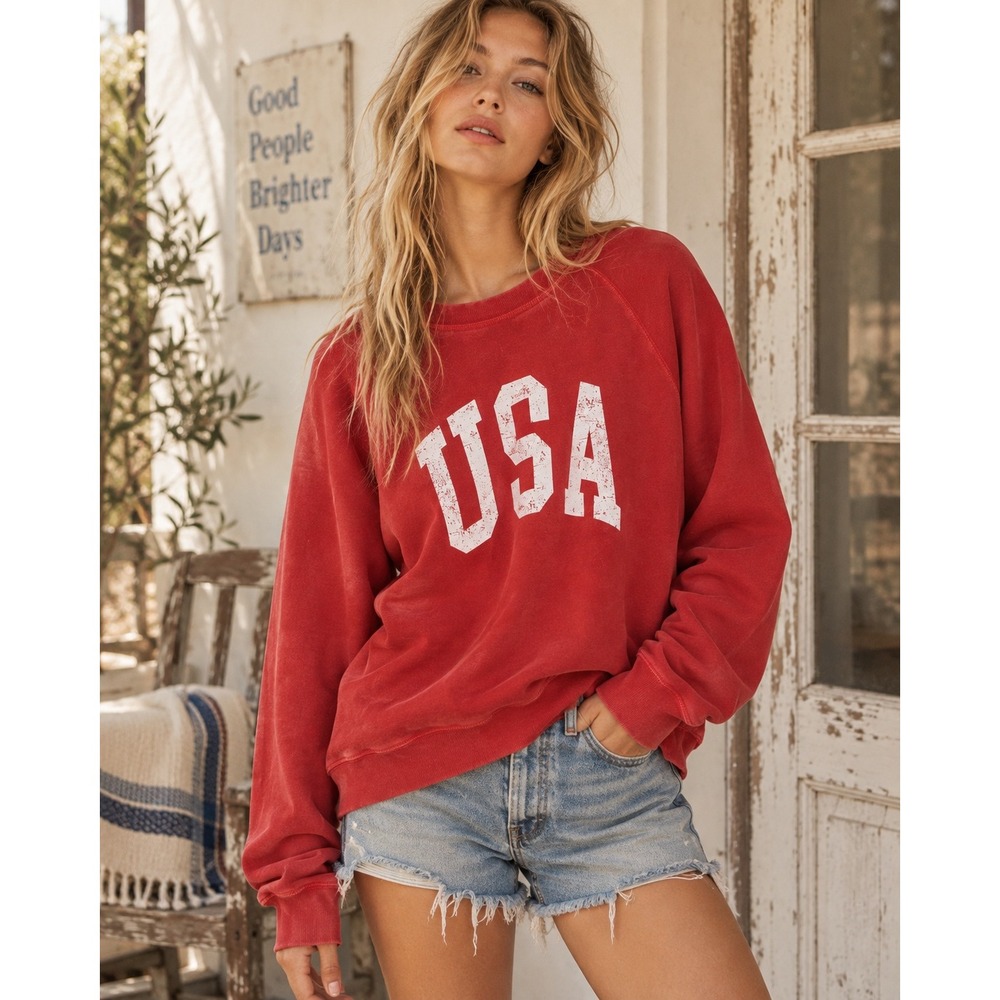 Thread & Supply USA Graphic Sweatshirt Red Raglan Sleeve Fleece Pullover Large